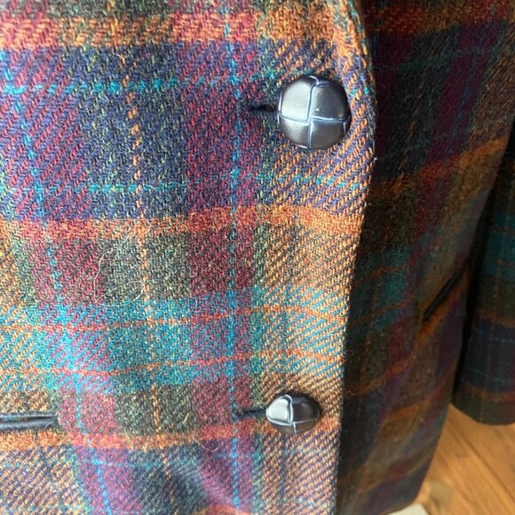 VTG 90s colorful plaid wool oversized blazer leather trim S academia old money - Picture 9 of 14